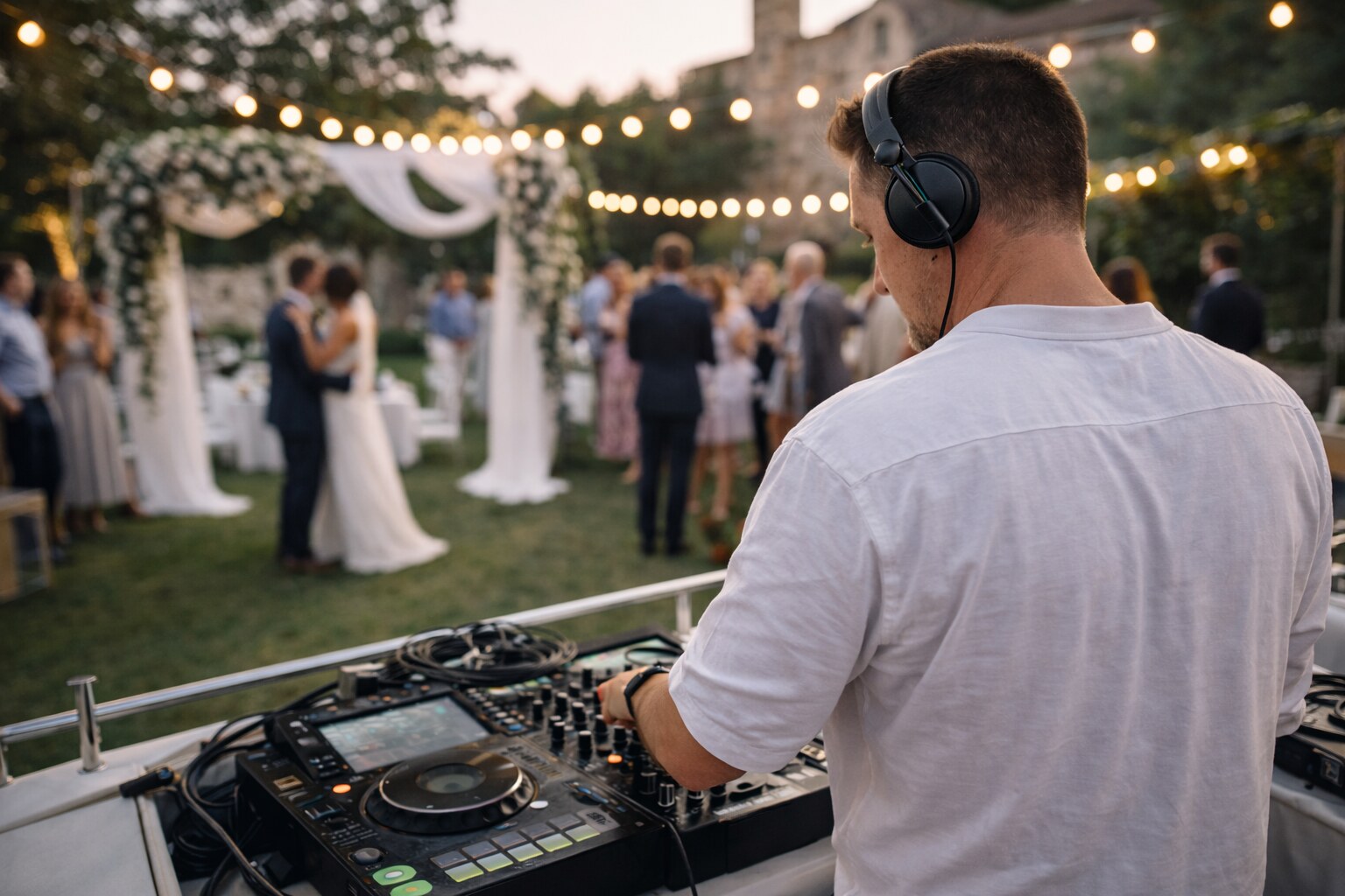 DJ mariage à Saint-Tropez aux platines, guirlandes lumineuses et cérémonie en arrière-plan