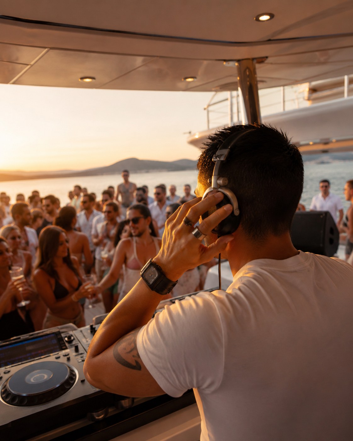 Foule sur la piste de danse à Saint-Tropez sous la fumée et lumières blanches