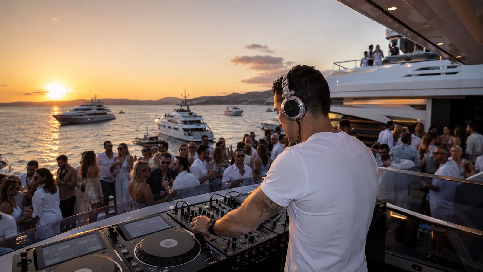 DJ Saint Tropez sur yacht au coucher de soleil, foule au dancefloor