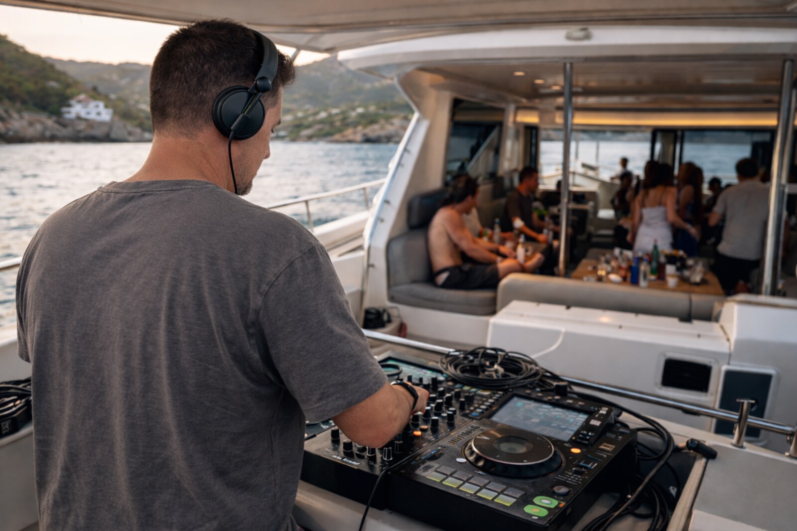 DJ Saint-Tropez aux platines sur un yacht au coucher du soleil